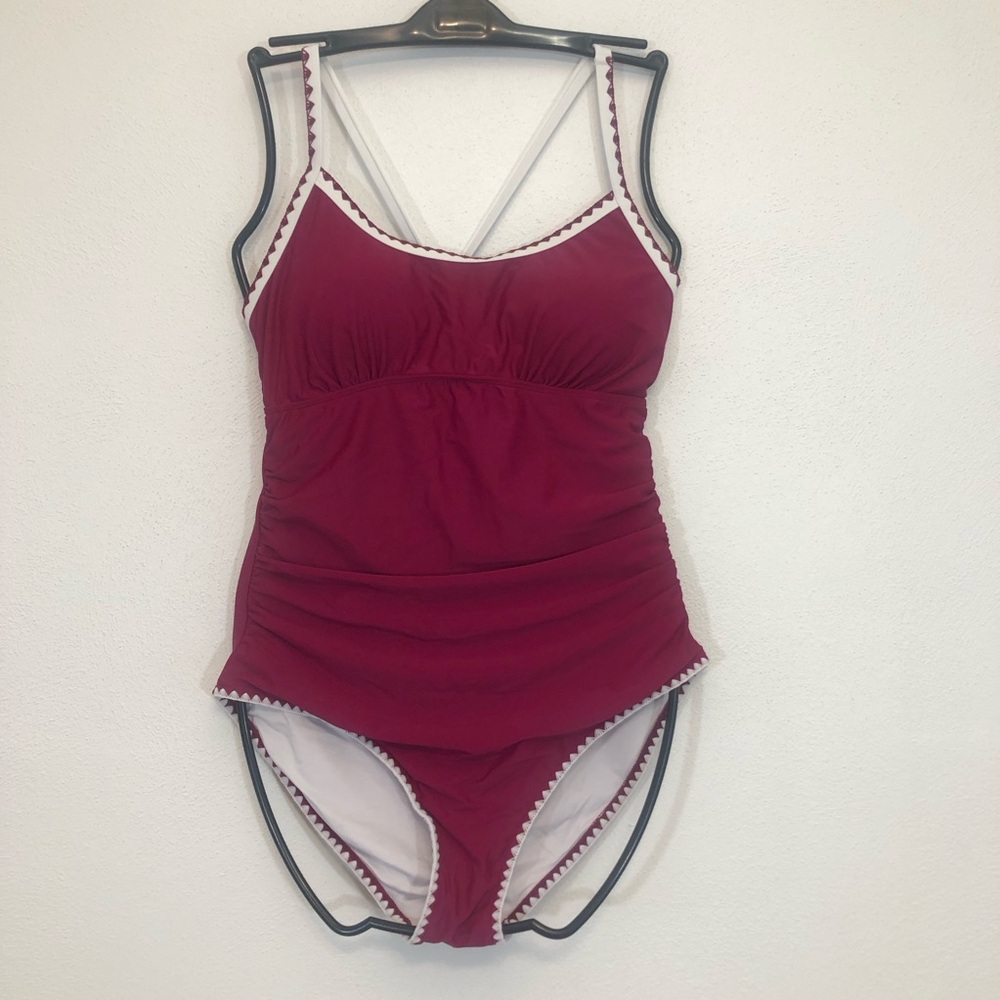 Red One-Piece Swimsuit with White Trim
